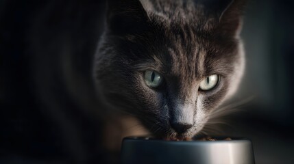 A sharp close up portrait captures a gray cat intently eating kibble from its bowl with striking green eyes in dramatic lighting
