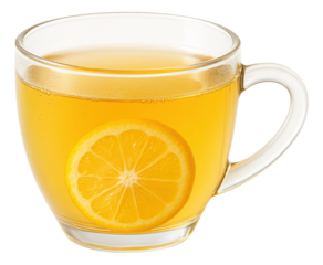 Glass teacup of yuzu tea, a translucent yellow with a yuzu slice settled at the bottom.