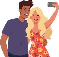 Obraz premium Flat Illustration Couple Taking Selfie with Smartphone and Enjoying Together