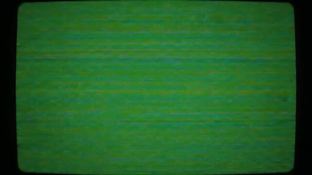 This abstract visual features a retro green screen display, reminiscent of vintage cathode ray tube monitors. Horizontal scan lines and subtle color distortion create a textured, analog noise effect. 
