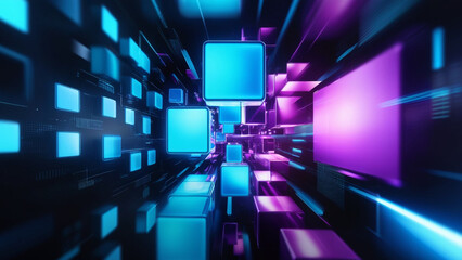 Futuristic abstract pattern with glowing square blocks, blue and purple neon lights, digital technology vibe, dynamic perspective, soft blur and depth, perfect for tech background.