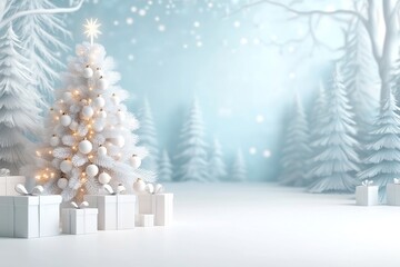 White Christmas tree in a snowy field. Generative AI