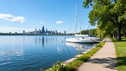 Fototapeta premium Sailboats on lake with city skyline