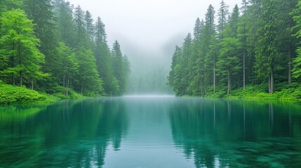 Misty forest lake, tranquil scene