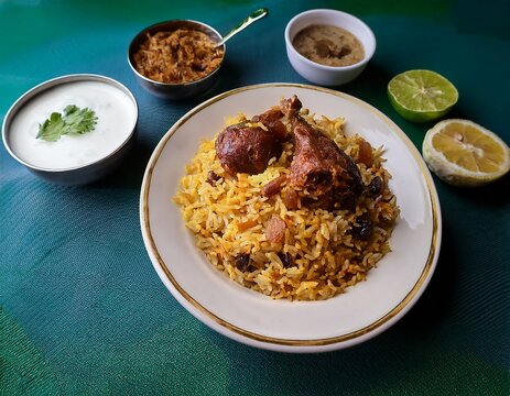 homecooked dindigul thalappakatti mutton biryani served with yogurt pickle and pappad