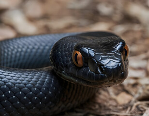 Deadly black snake looking into the camera. Exotic snake look at you. Snake eyes. Reptile predator. Agressive snake face close up., close up of a black snake