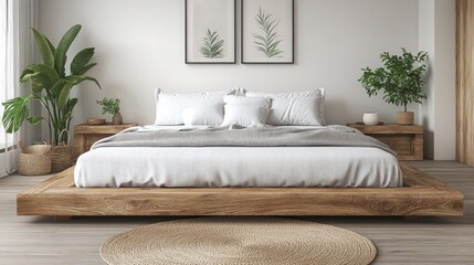 Modern bedroom with wooden platform bed and plants