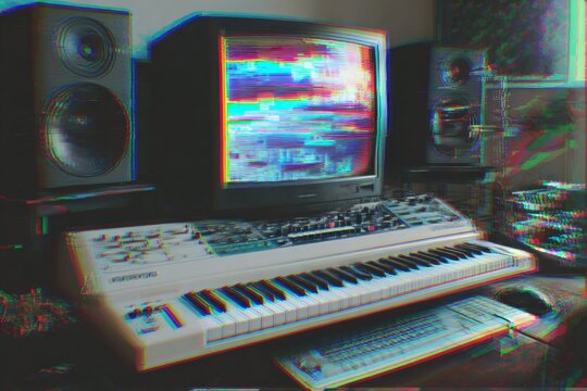 A music production setup features a vintage keyboard synthesizer, computer monitor with vibrant glitch effects, and studio speakers. - Powered by Adobe