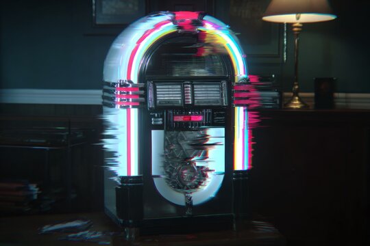 A vintage jukebox displays colorful digital glitch distortion in a dimly lit room next to a lit table lamp.