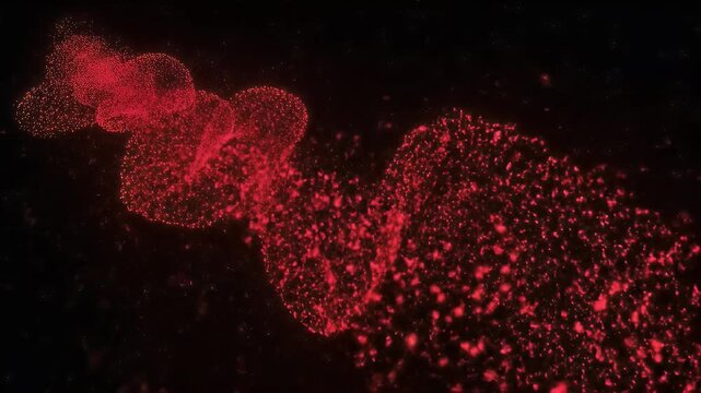 This captivating abstract motion graphic features a mesmerizing swarm of vibrant red glowing particles dynamically flowing and expanding against a dark, star-dusted background. The luminous elements c