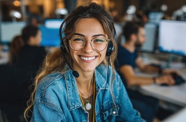 Customer Service Representative with Headset Working in Call Center Environment