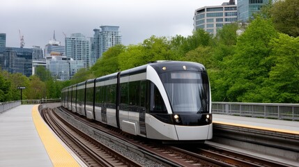 Naklejka premium A sleek tram moves gracefully down a path surrounded by trees and modern architecture under a clear sky, showcasing urban transport