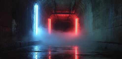 An eerie tunnel illuminated by vibrant neon lights creates a surreal and atmospheric scene.