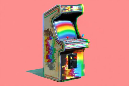Retro arcade game machine stands alone with heavy digital visual glitch effect against a solid pink background. - Powered by Adobe