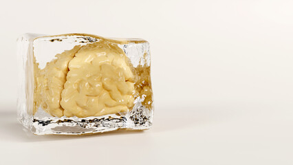 3D rendering of a frozen human brain inside an ice cube on a color background, stop, struck, out of ideas, Brain freeze concept