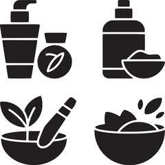 Illustration of skin care products and natural ingredients in bowls in a black and white style