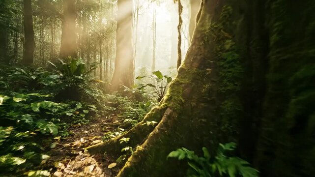 Sunlight filtering through lush green trees in a tranquil forest, illuminating a path surrounded by dense foliage