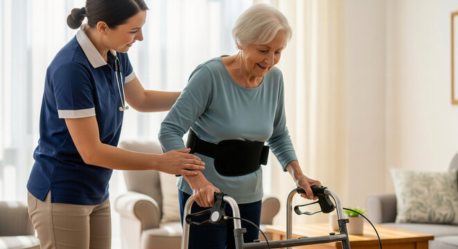 Caring female caregiver providing dedicated home care assistance to a smiling senior woman, helping her walk with a walker for mobility support