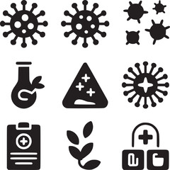 Black and white vector icons depicting viruses, laboratory equipment, and medical symbols in a grid
