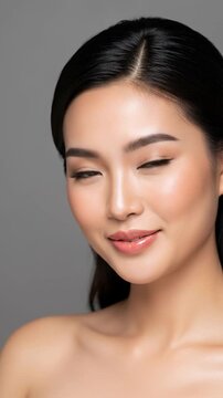 This captivating close-up video features a beautiful young Asian woman with a radiant complexion, exuding genuine happiness and confidence. Her clear, glowing skin and natural makeup highlight her fla