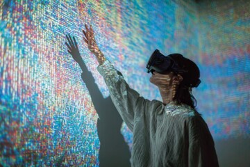 Person wearing a virtual reality headset reaches a hand toward a colorful abstract digital projection wall.