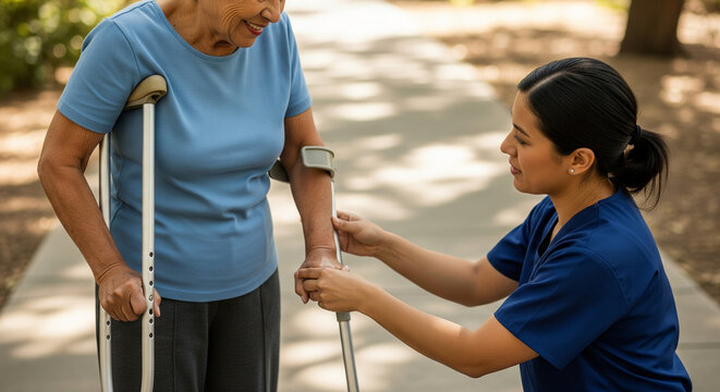 Compassionate caregiver assisting a senior woman with crutches on a sunny walkway. Concept of geriatric care, physical therapy, and mobility support