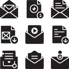Collection of nine black and white icons depicting envelopes and documents for digital communication