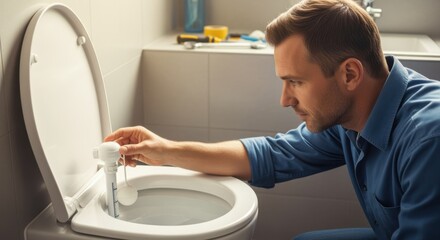 Household plumber calibrating the water level by adjusting the toilet fill valve ball float after valve kit installation.