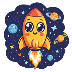 Fototapeta premium Cute rocket with face among planets and stars in space