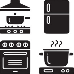 Black and white kitchen appliances including a stove, refrigerator, and oven in a square format