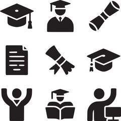 A collection of graduation themed icons including caps diplomas and students in black on a white background