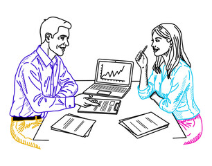 Illustration of hand drawn business meeting with laptop isolated on transparent background