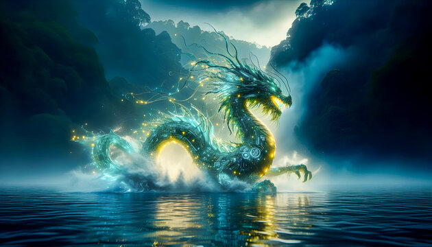 Cyber dragon guardian rising from Tasik Chini Lake, Malaysia. 