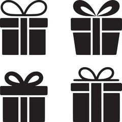 Four black gift box icons with bows arranged in a square pattern on a white background illustration