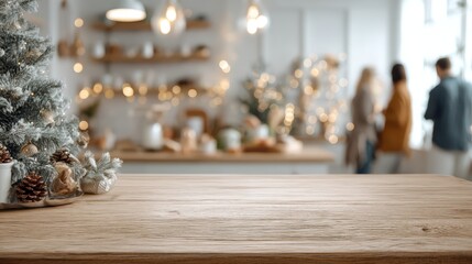 A wooden table with a Christmas tree on it