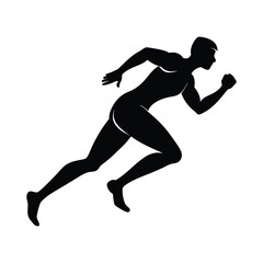An isolated vector silhouette of a muscular male athlete in a powerful running stance, symbolizing speed and fitness