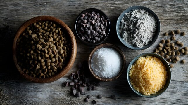 Overhead view of dog food kibble and baking ingredients like chocolate chips sugar and cheese in bowls on a rustic wooden surface