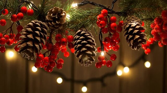 Festive christmas garland with pine cones, red berries, and string lights decor.