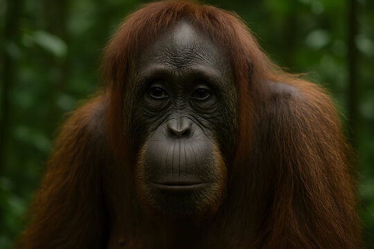 A stunning close-up portrait of a mature male orangutan. The focus is on its soulful eyes and detailed facial features, showcasing the wisdom and gentle nature of this incredible great ape from the ju