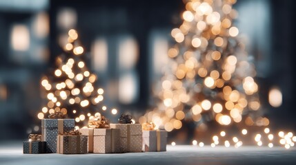A Christmas tree with a bunch of presents on the ground