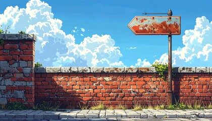 Brick wall with an old sign and fluffy white clouds