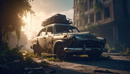 Post apocalyptic armored lifted car with roof rack and stuff