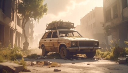 Post apocalyptic armored lifted car with roof rack and stuff