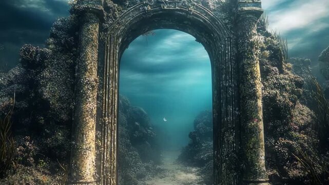 Magical underwater gate emerges from the ocean floor surrounded by ancient ruins and marine life