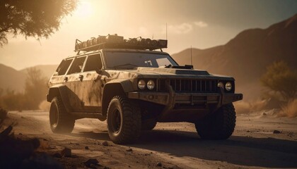 Post apocalyptic armored lifted car with roof rack and stuff