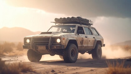 Post apocalyptic armored lifted car with roof rack and stuff