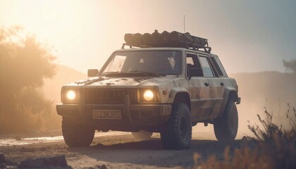 Post apocalyptic armored lifted car with roof rack and stuff