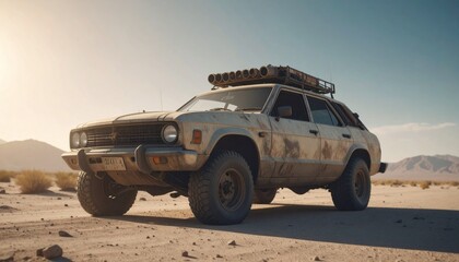 Post apocalyptic armored lifted car with roof rack and stuff