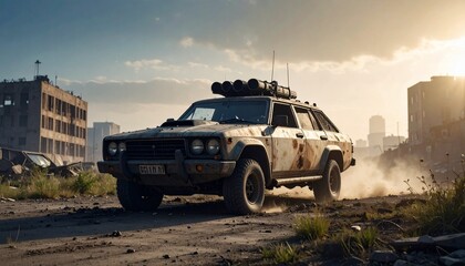 Post apocalyptic armored lifted car with roof rack and stuff