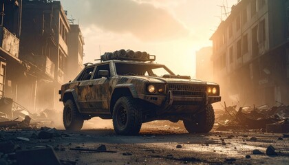 Post apocalyptic armored lifted car with roof rack and stuff